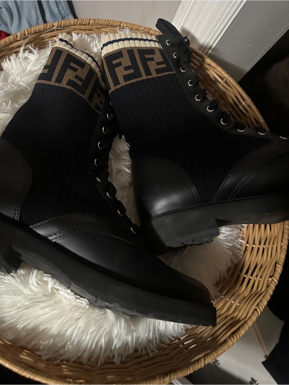 Fendi Black and Brown FF Logo Knit Lace-Up Boots